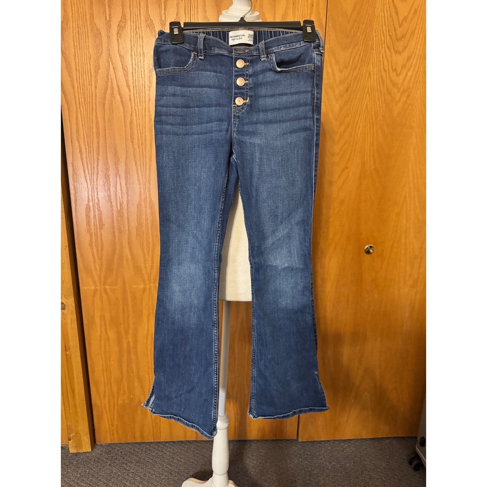 Abercrombie Kids High Rise Flare Jeans Girls 13/14 Blue Denim Button Fly Raw Hem